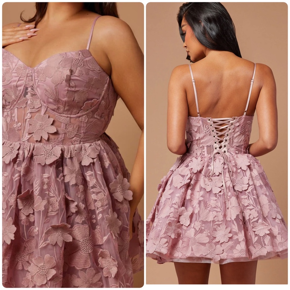 NovaLuxe Mauve Floral Embroidered Corset Back Mini Dress XL